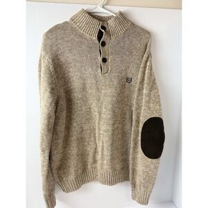 Chaps‎ Knit Sweater Mens Large Brown Tan Elbow Patch Long Sleeve Cotton Pullover